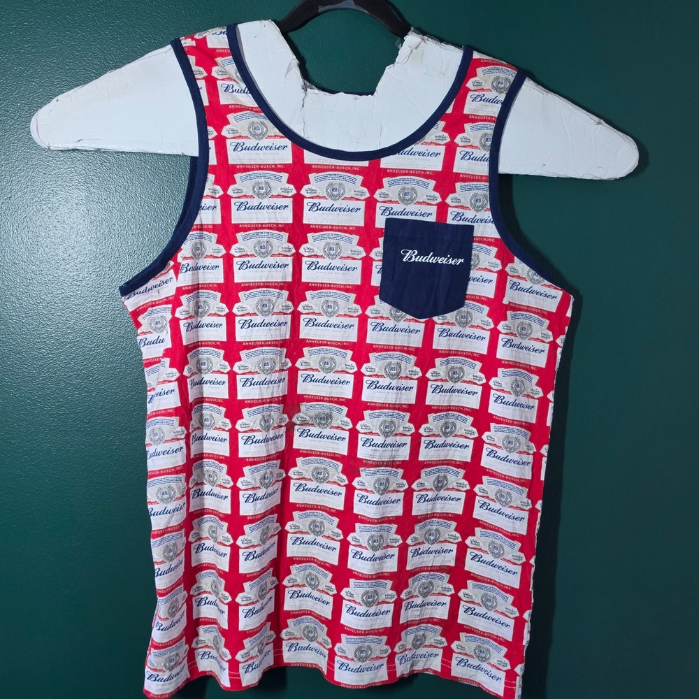 Budweiser Mens All Over Print Logo Tank Top Red Blue Large Pocket Sleeveless